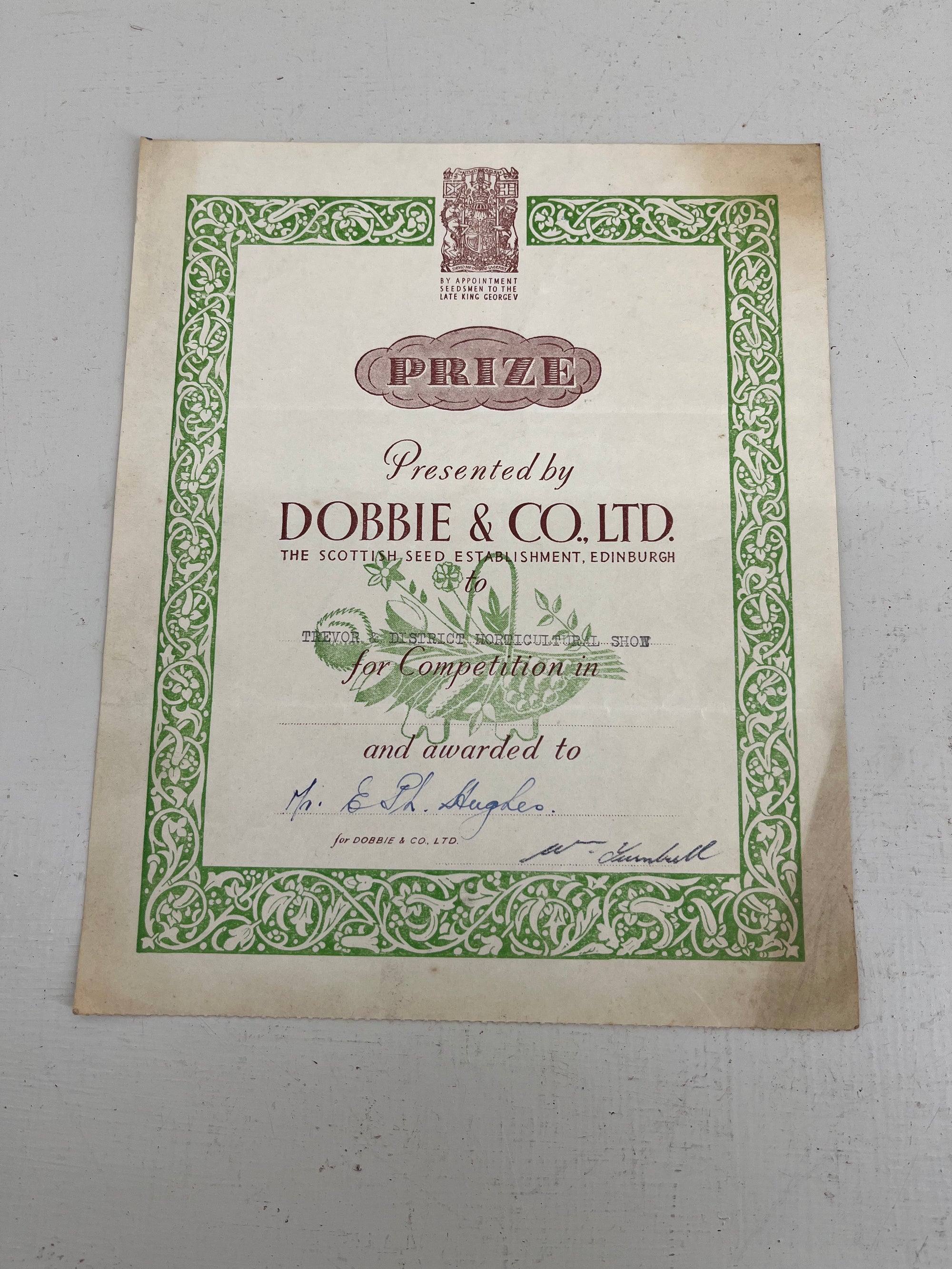 Dobbie & Co Prize Certificate