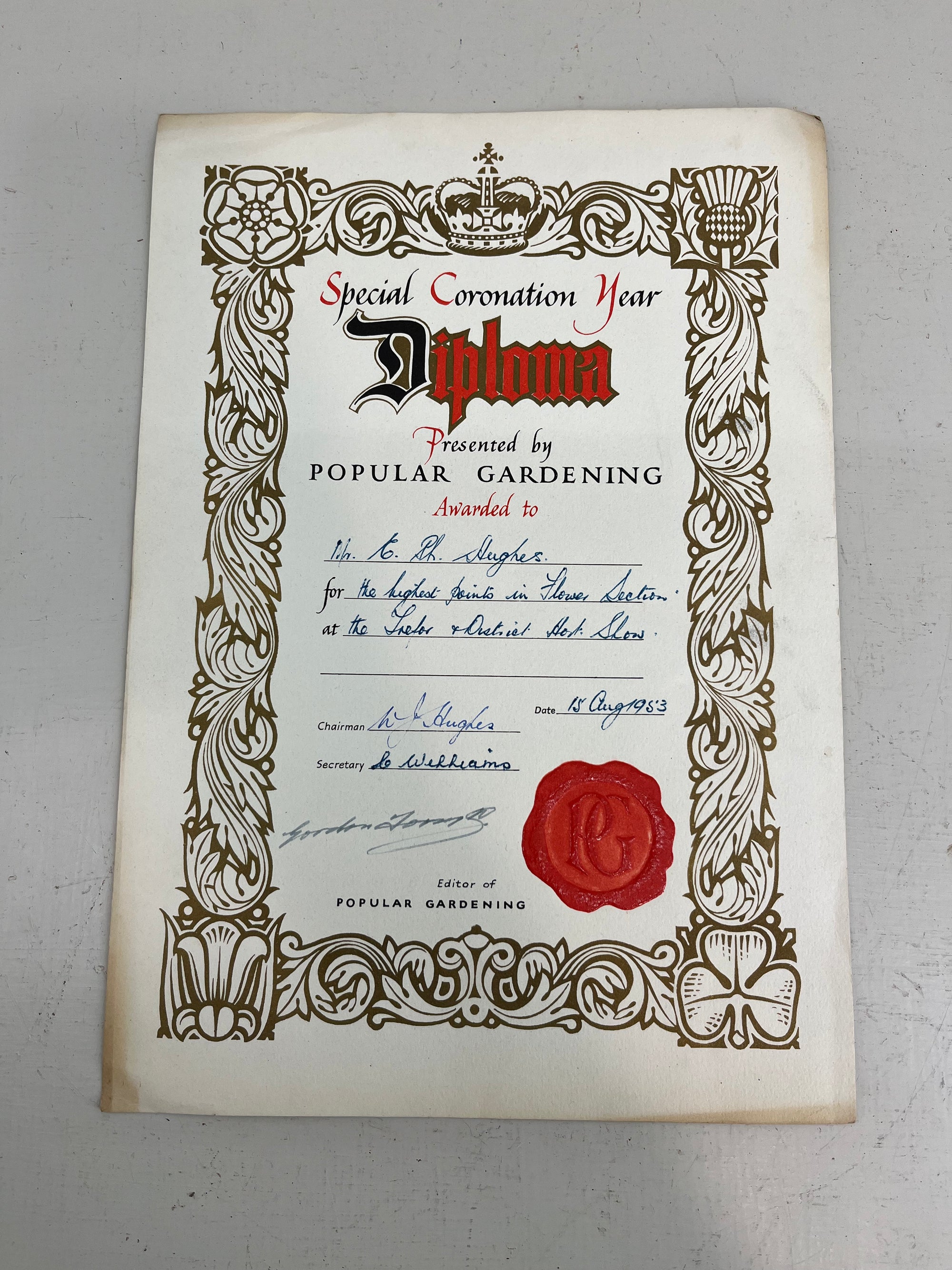 Coronation Year Horticultural Show Certificate