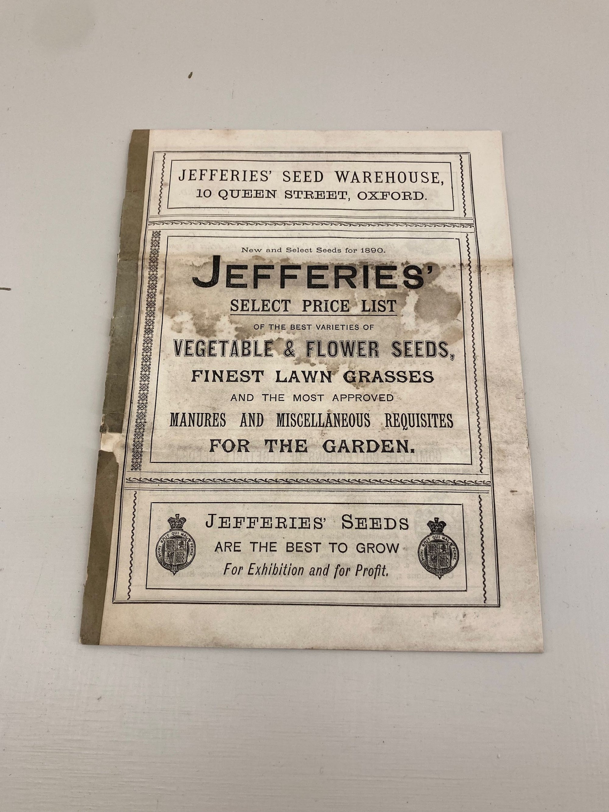Jeffries Seed Catalogue for 1890