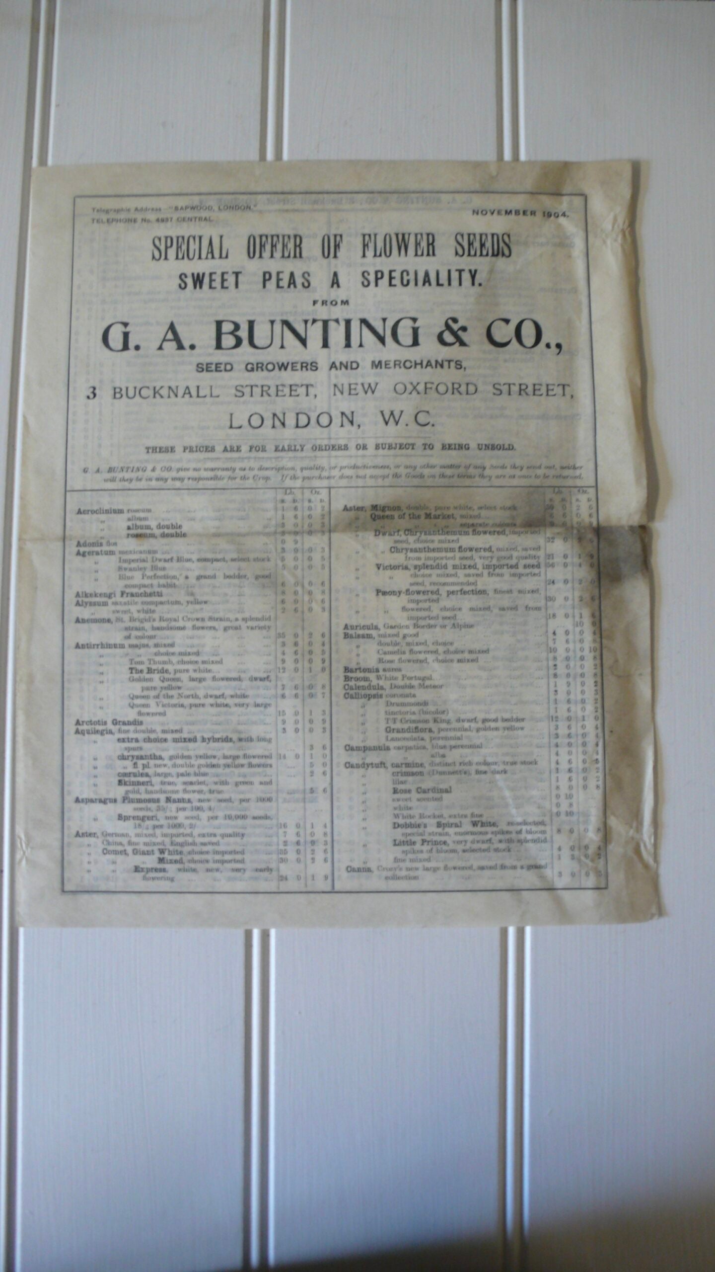 G A Bunting Seed List, 1904